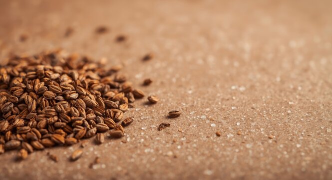 Close perspective of cumin seeds arranged loosely on a soft brown background with copy space