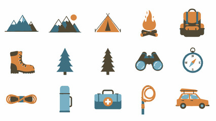 Camping and Outdoor Adventure Gear Icons Set. © ryu