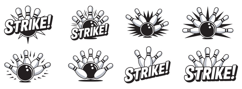 Line drawing set, bowling ball hitting pins, simple linear style, dynamic strike, vector illustration, sports banner design, minimal outline art