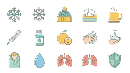Collection of Icons Representing Cold and Flu Symptoms and Remedies.