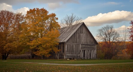 Old country farmhouse nestled in a vibrant autumn forest with calm atmosphere