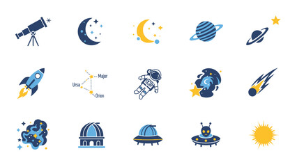 Collection of Space and Astronomy Icons with Planets, Stars, Rockets, and Astronauts. © ryu
