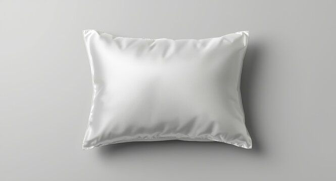 Soft white satin pillowcase resting on uniform light gray surface with copy space for branding