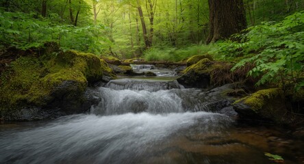 Obraz premium Gentle water movement through a vibrant green forest backdrop
