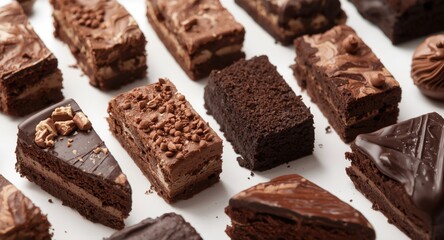 variety of chocolate cake slices with rich brownies arranged on white background