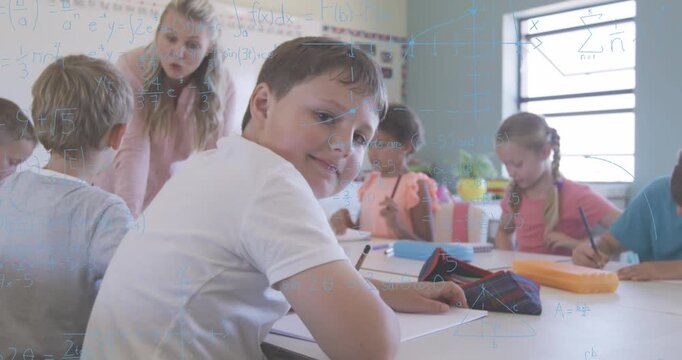 Animation of math formulas over caucasian pupils learning at school