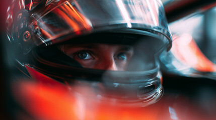 Close-up of driver&rsquo;s eyes with city lights reflecting in the helmet visor, generative ai