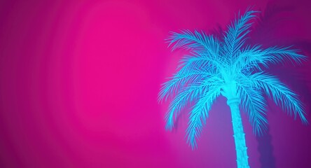Obraz premium Vibrant pink backdrop with glowing blue palm tree artwork for tropical summer party flyers