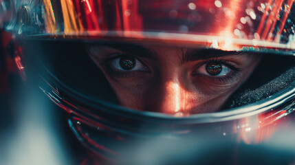 Macro shot of a racer&rsquo;s eyes displaying laser-like focus and grit, generative ai