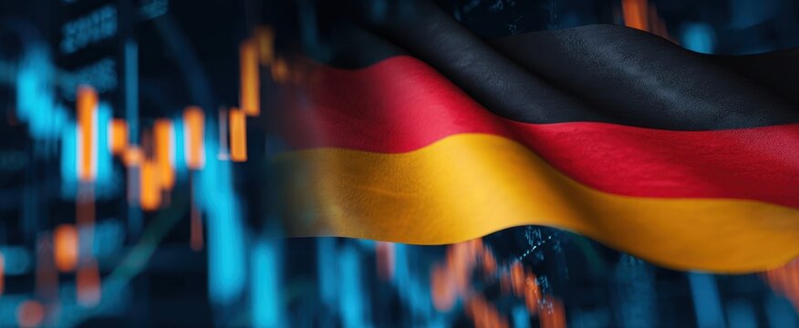 The German flag overlaid with stock market charts showing economic trends and market volatility