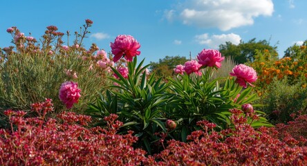 Vivid Pink Peonies Growing Amid Vibrant Garden Shrubs