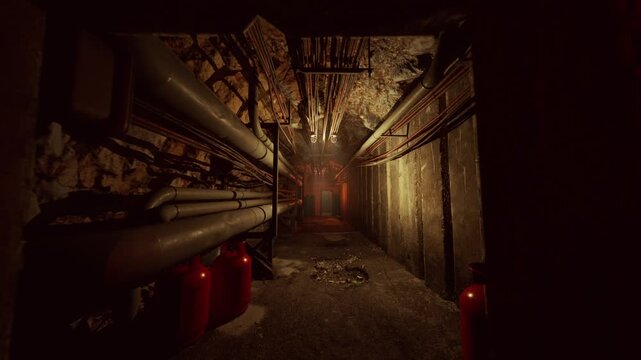 red corridor leading to abandoned lounge, glowing chandelier and tattered velvet walls, dusty carpet and peeling wallpaper, scattered debris and rusted