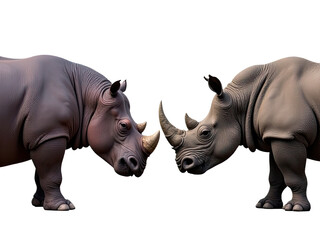 Obraz premium Two rhinoceroses standing side by side on a plain white background