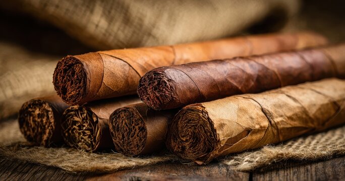 The Cigars Close Up of Hand Rolled Tobacco on Rustic Burlap and Wood Surface