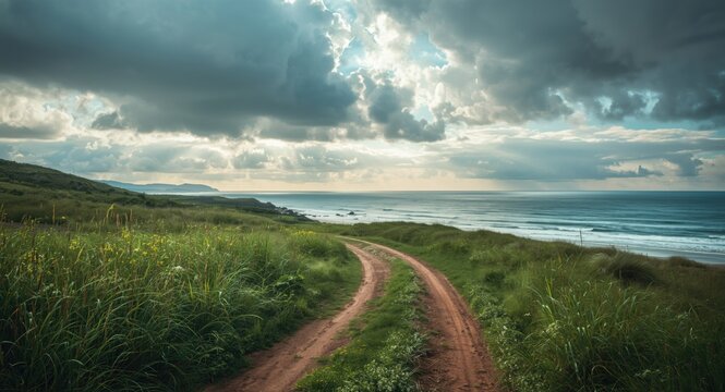 Scenic rural dirt path winding through lush green fields under dramatic cloudy sky with ocean views