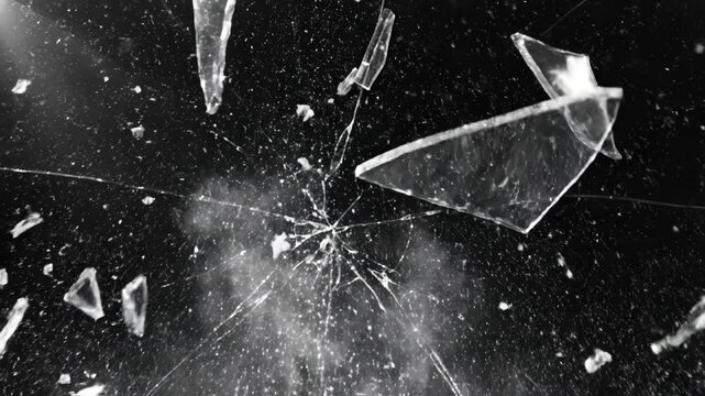 Shattered glass with sharp fragments on black background