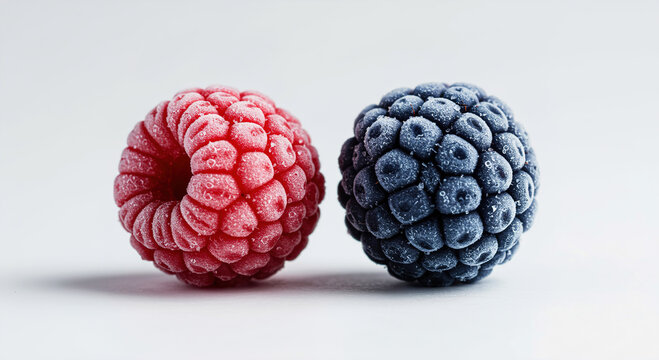 Macro close-up frozen raspberry & blackberry, ice crystals, white background, fresh, cool, winter fruit