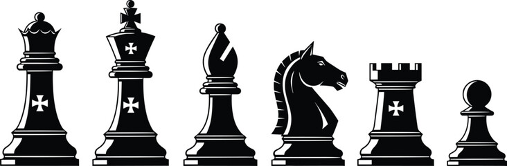 Black Vector Silhouette Set of Classic Chess Pieces Including King Queen Bishop Knight Rook and Pawn Isolated on White Background for Strategy and Game Design © MdHasanAli