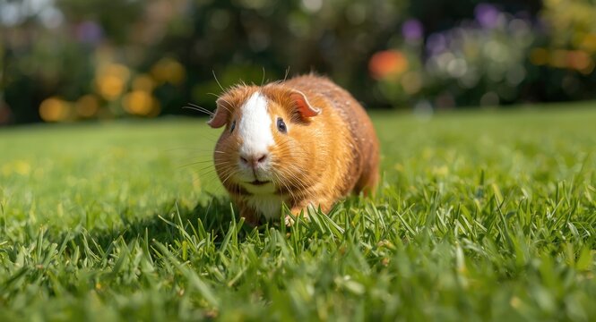 Joyful full length view of a lively guinea pig scampering on a fresh green grass lawn in summer