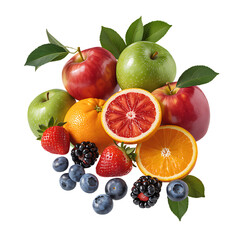 A vibrant assortment of fresh fruits including apples, oranges, strawberries, and blueberries.