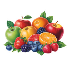 A vibrant assortment of fresh fruits including apples, oranges, strawberries, and blueberries.