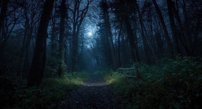 phantasmagoric forest trail lit by moonlight for Halloween effect