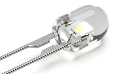 Macro shot of a clear glass LED light emitting diode with silver leads and bright light