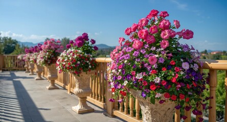 Fototapeta premium Balcony with radiant hanging surfinia flowers and multicolored red white garden petunias