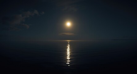 still night vista with a glowing full moon reflected on a placid water body