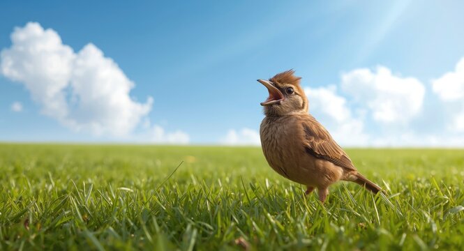 Thrilled pet horned lark full length on a green grass lawn with snow enjoying summer day