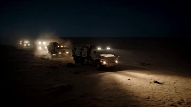 Convoy of vehicles driving through a desert at night with headlights on.
