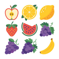 Assorted vibrant and colorful fruit illustrations set against transparent background
