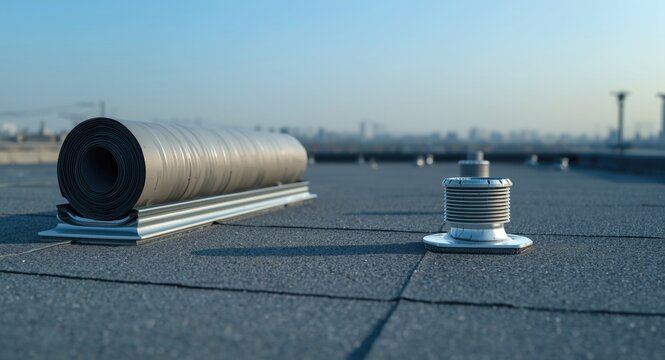 Flat roof drainage detailed shot with waterproofing roll and roofing components set before a gently blurred external backdrop
