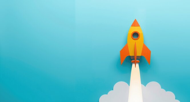 Paper rocket in mid launch with copy space on blue backdrop symbolizing school journey start