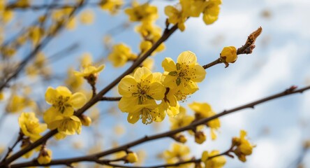 Yellow blossoms of Cornus mas flowering on bare branches in late winter