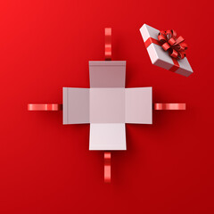 Blank unfold white gift box or top view of open white square present box tied with red ribbon bow isolated on dark red background with shadow concept for christmas and valentines days 3D rendering