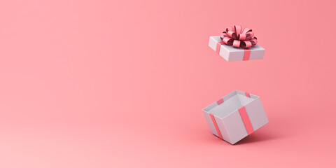 Blank white present box open or opened pink gift box with pink ribbon and bow isolated on pink pastel color background with shadow and empty space on the left minimal concepts 3D rendering