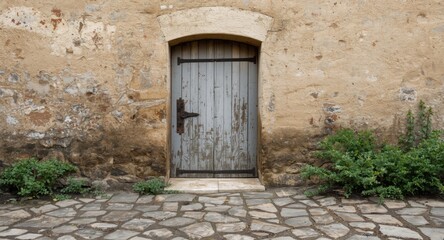 Walkway next to stone facade wall and vintage door showing copy space