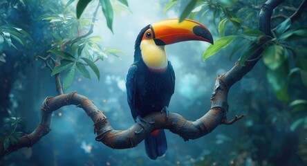 Fototapeta premium Vibrant watercolor painting of a toucan bird seated on a tree branch gazing directly at the viewer