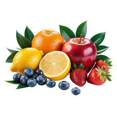 A vibrant assortment of fresh fruits including apples, oranges, lemons, blueberries, and strawberries.
