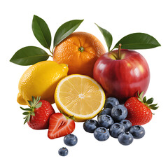 A vibrant assortment of fresh fruits including apples, oranges, lemons, blueberries, and strawberries.