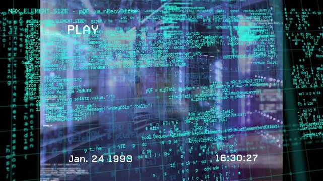 Animation of vhs glitch effect over data processing against computer server room