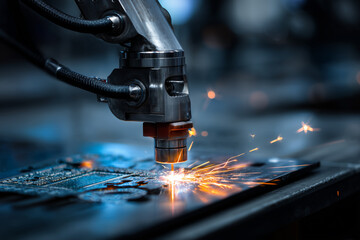 Extreme close-up of robotic arm precision welding a circuit board, generative ai