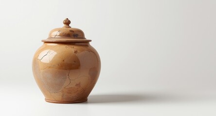 Timeless antique ceramic jar with lid displayed on white background copy space