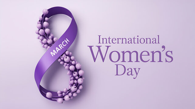 Stylish purple ribbon with budding flowers shapes the number 8 for International Women's Day celebration