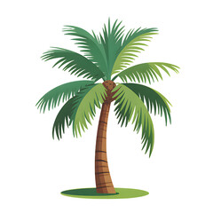 A tall palm tree with a brown trunk and lush green fronds standing on a grassy area.