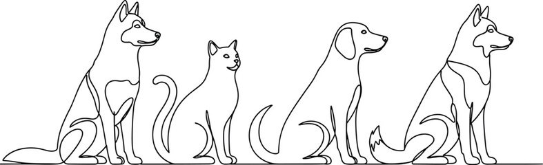 Continuous One Line Drawing Vector Illustration of Sitting Domestic Pets Including Husky Beagle and Cat Isolated on White Background for Minimalist Animal Care Design © MdHasanAli