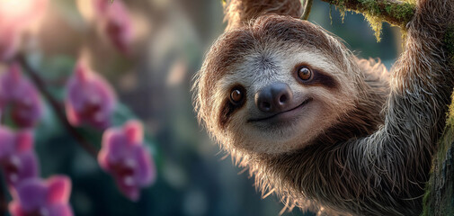 Fototapeta premium Cute sloth hangs on a branch against a blurred tropical forest backdrop. Conservation of rainforests and environmental concept. Funny animal for banner with copy space