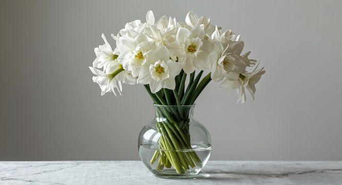 Forced white paperwhite narcissus bulbs blossoming in a well arranged winter vase