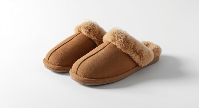 Pair of soft brown slippers isolated on white background
